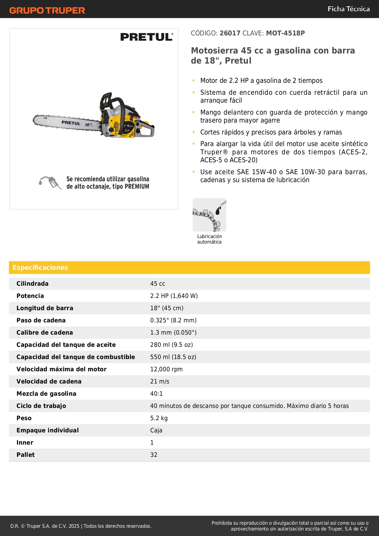 Motosierra Pretul MOT-4518P 45cc Gasolina Barra 18" - Corte Profesional Árboles y Poda Ramas - Motor 2.2HP Arranque Fácil