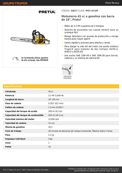 Motosierra Pretul MOT-4518P 45cc Gasolina Barra 18" - Corte Profesional Árboles y Poda Ramas - Motor 2.2HP Arranque Fácil