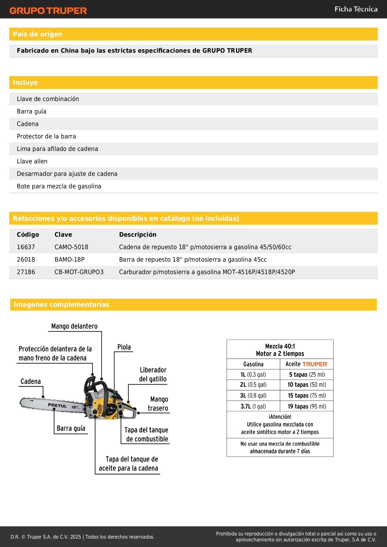 Motosierra Pretul MOT-4518P 45cc Gasolina Barra 18" - Corte Profesional Árboles y Poda Ramas - Motor 2.2HP Arranque Fácil