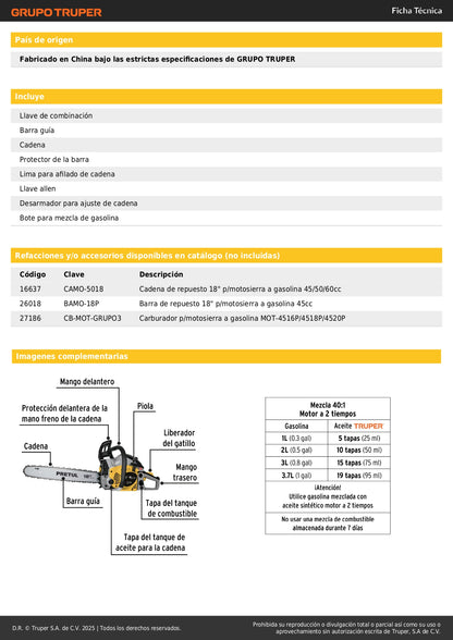 Motosierra Pretul MOT-4518P 45cc Gasolina Barra 18" - Corte Profesional Árboles y Poda Ramas - Motor 2.2HP Arranque Fácil