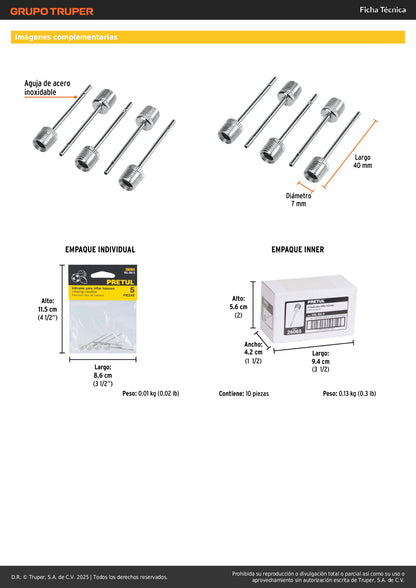 Kit 5 Válvulas Profesionales PRETUL para Inflar Balones - Aguja Acero Inoxidable - Solución Completa Inflado Deportivo