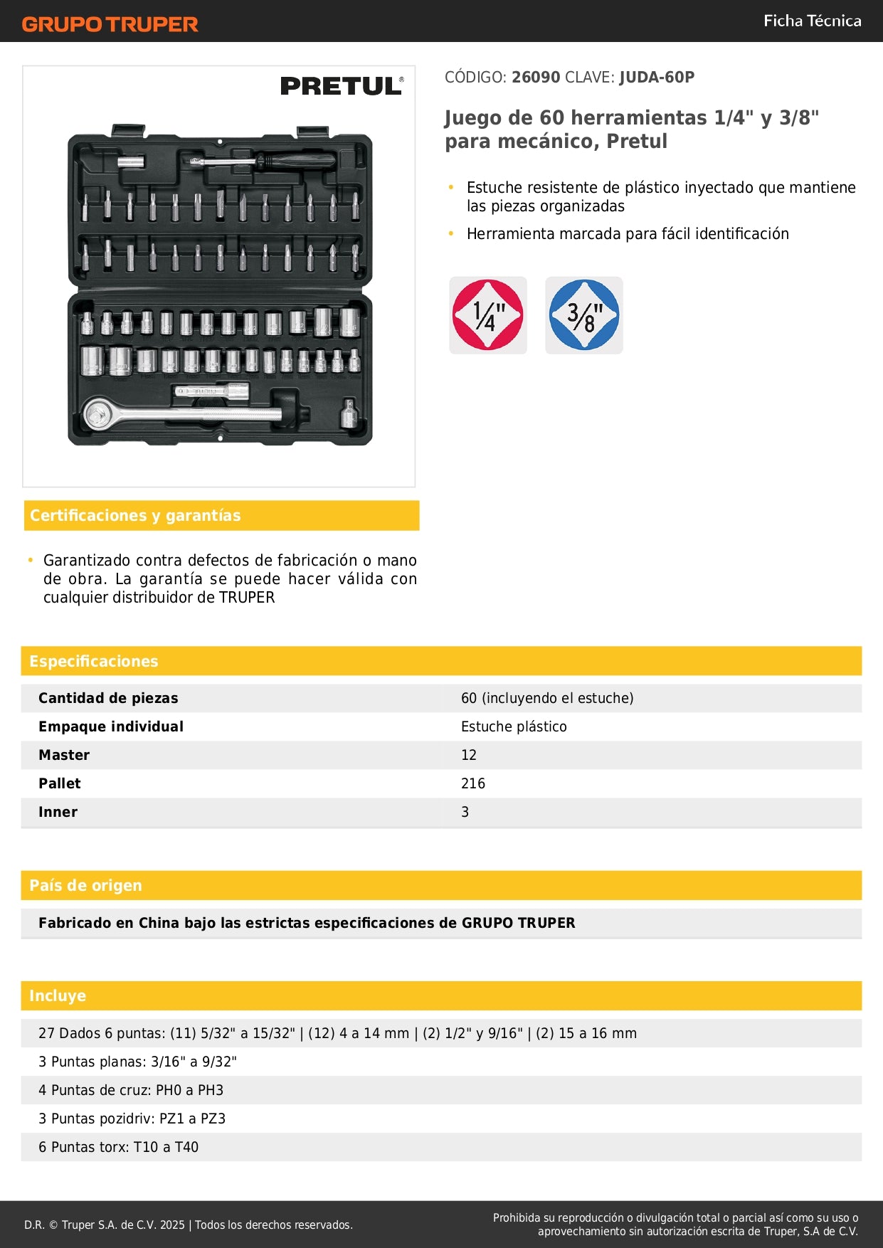 Juego de Herramientas Pretul 60 Piezas 1/4" y 3/8" para Mecánico Profesional - Kit Completo con Estuche Organizador JUDA-60P