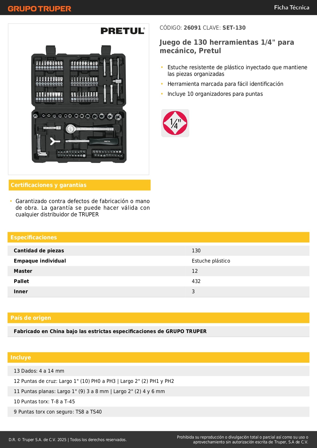 Juego de Herramientas Mecánico 130 Piezas 1/4 Pretul SET-130 - Kit Completo con Estuche Organizador para Reparación Automotriz y Mantenimiento Industrial