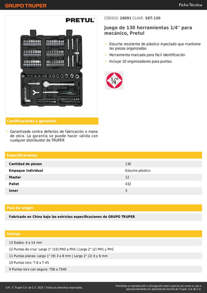 Juego de Herramientas Mecánico 130 Piezas 1/4 Pretul SET-130 - Kit Completo con Estuche Organizador para Reparación Automotriz y Mantenimiento Industrial