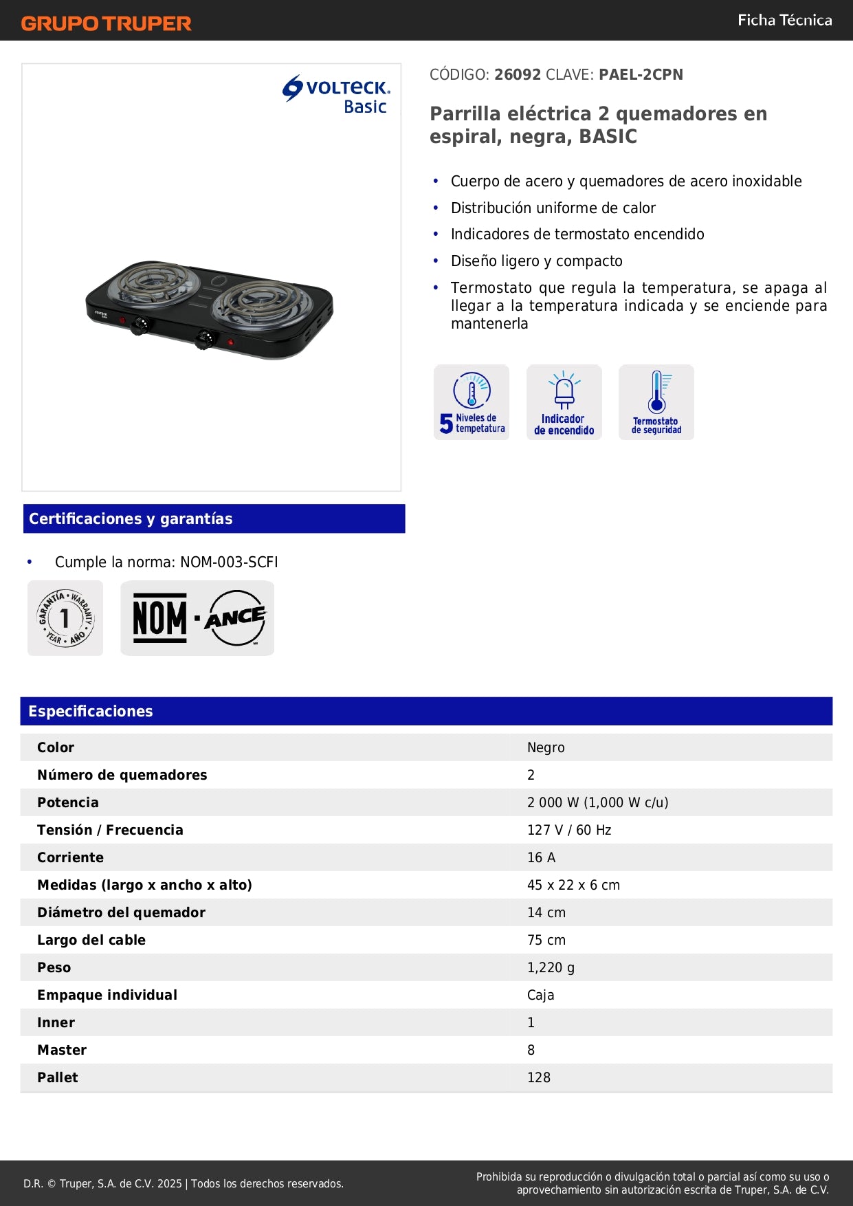 Parrilla Eléctrica 2 Quemadores Espiral BASIC PAEL-2CPN - Acero Inoxidable con Termostato Regulable - Solución Compacta para Cocinar sin Gas en Casa y Oficina
