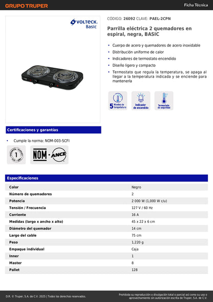 Parrilla Eléctrica 2 Quemadores Espiral BASIC PAEL-2CPN - Acero Inoxidable con Termostato Regulable - Solución Compacta para Cocinar sin Gas en Casa y Oficina