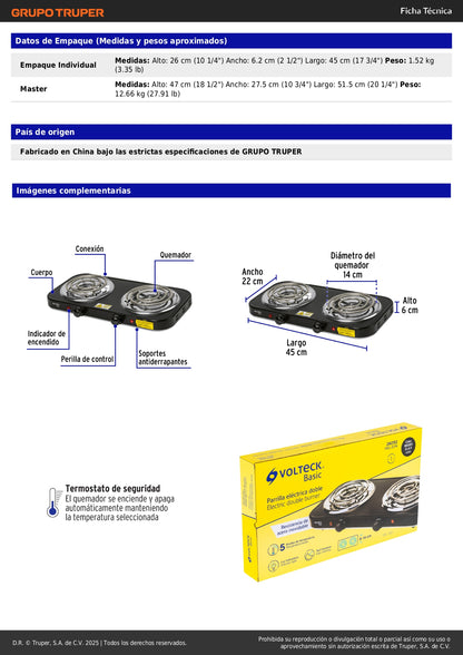 Parrilla Eléctrica 2 Quemadores Espiral BASIC PAEL-2CPN - Acero Inoxidable con Termostato Regulable - Solución Compacta para Cocinar sin Gas en Casa y Oficina