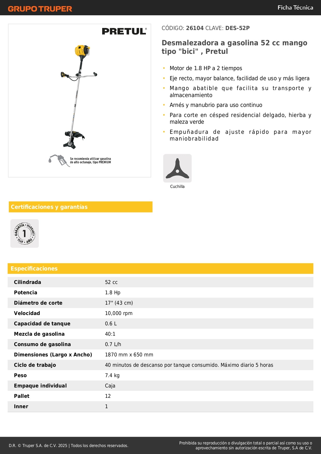 Desmalezadora Gasolina Pretul 52cc Motor 1.8HP Mango Bici - Corta Césped Maleza Hierba Verde Residencial
