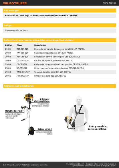 Desmalezadora Gasolina Pretul 52cc Motor 1.8HP Mango Bici - Corta Césped Maleza Hierba Verde Residencial