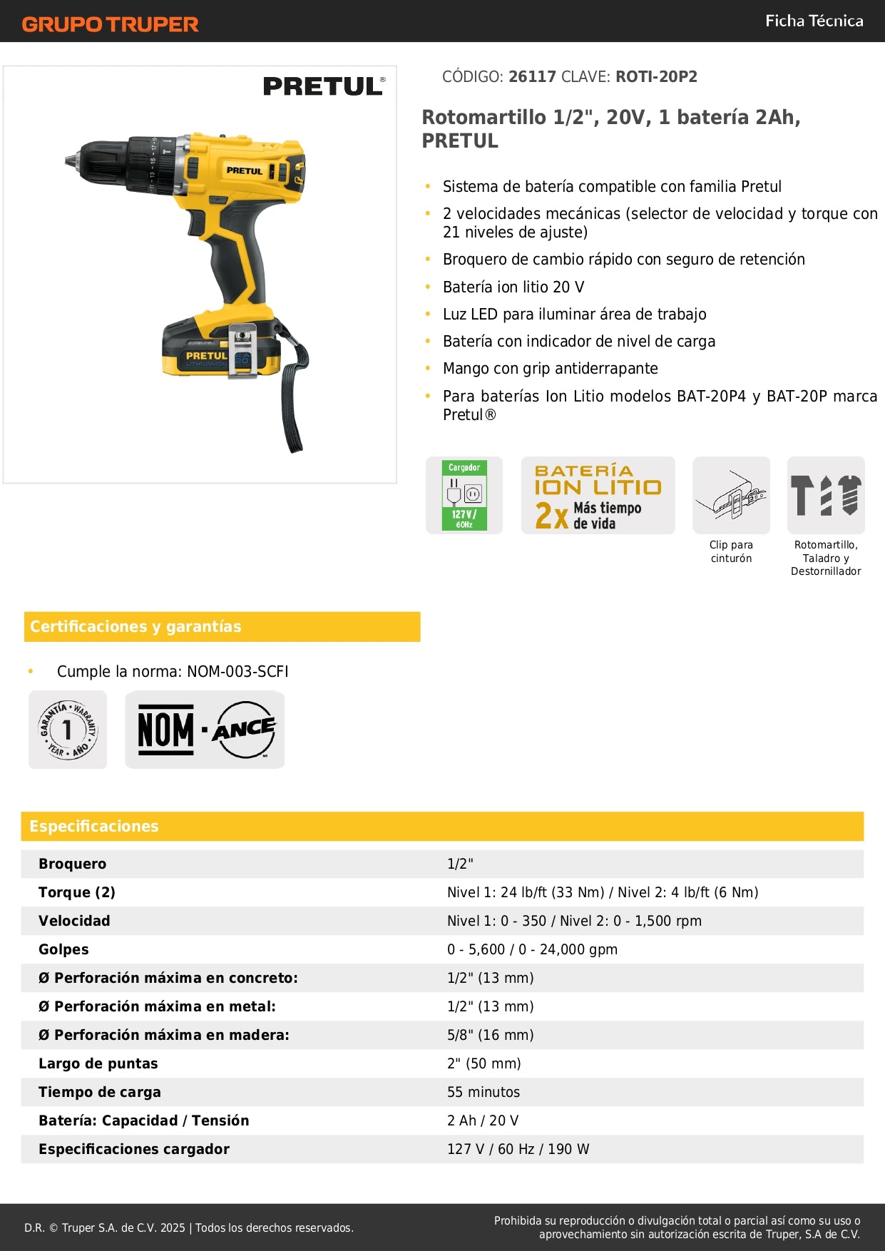 Rotomartillo PRETUL 1/2" 20V Inalámbrico con Batería 2Ah | ROTI-20P2