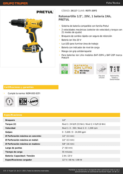Rotomartillo PRETUL 1/2" 20V Inalámbrico con Batería 2Ah | ROTI-20P2