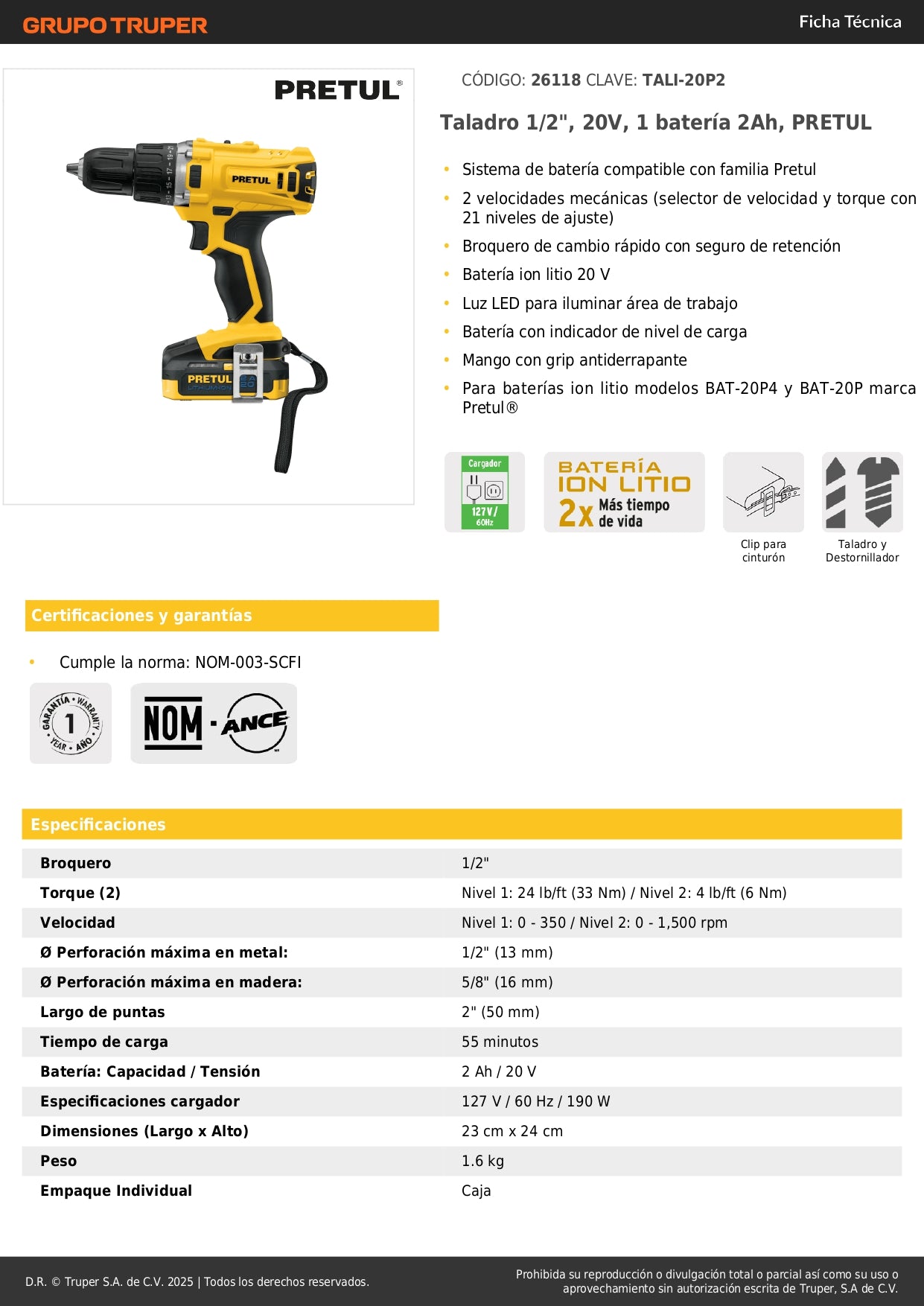 Taladro Inalámbrico PRETUL 1/2" 20V con Batería Ion Litio 2Ah - 2 Velocidades y 21 Niveles de Torque