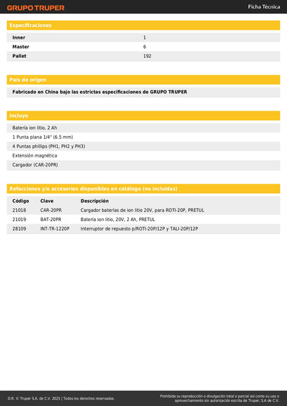Taladro Inalámbrico PRETUL 1/2" 20V con Batería Ion Litio 2Ah - 2 Velocidades y 21 Niveles de Torque