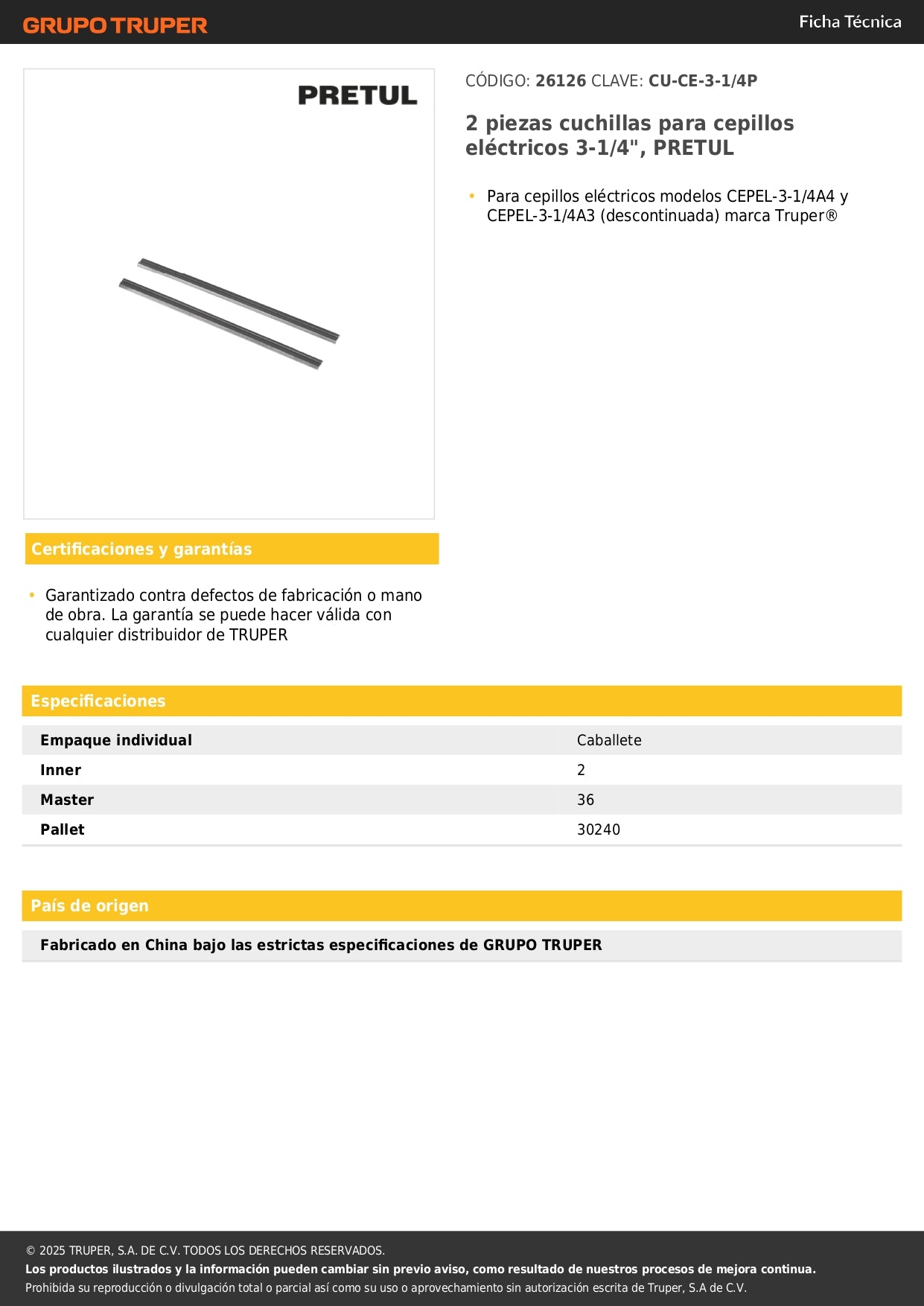 2 piezas cuchillas para cepillos eléctricos 3-1/4", PRETUL