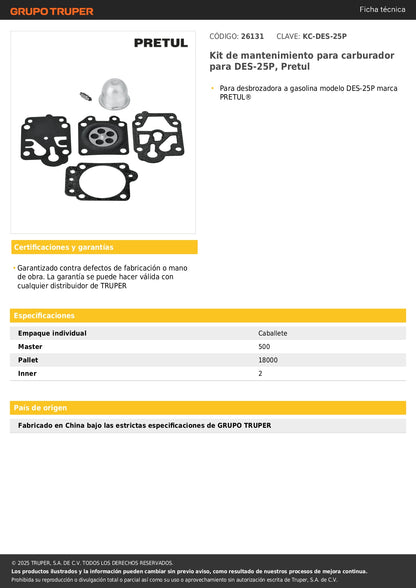 Kit de mantenimiento para carburador para DES-25P, Pretul
