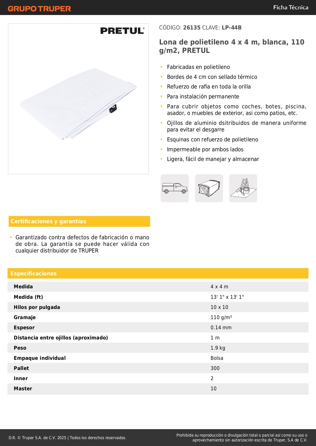 Lona Impermeable PRETUL 4x4m Blanca - Protección Total para Autos, Piscinas y Muebles Exterior - Polietileno Reforzado 110g/m² con Ojillos