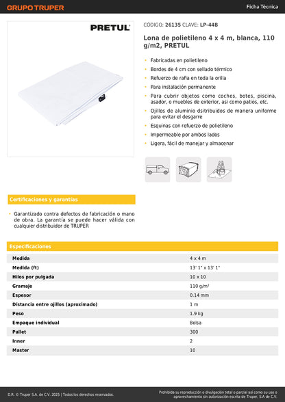 Lona Impermeable PRETUL 4x4m Blanca - Protección Total para Autos, Piscinas y Muebles Exterior - Polietileno Reforzado 110g/m² con Ojillos