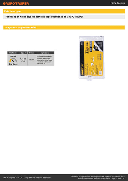 Lona Impermeable PRETUL 4x4m Blanca - Protección Total para Autos, Piscinas y Muebles Exterior - Polietileno Reforzado 110g/m² con Ojillos