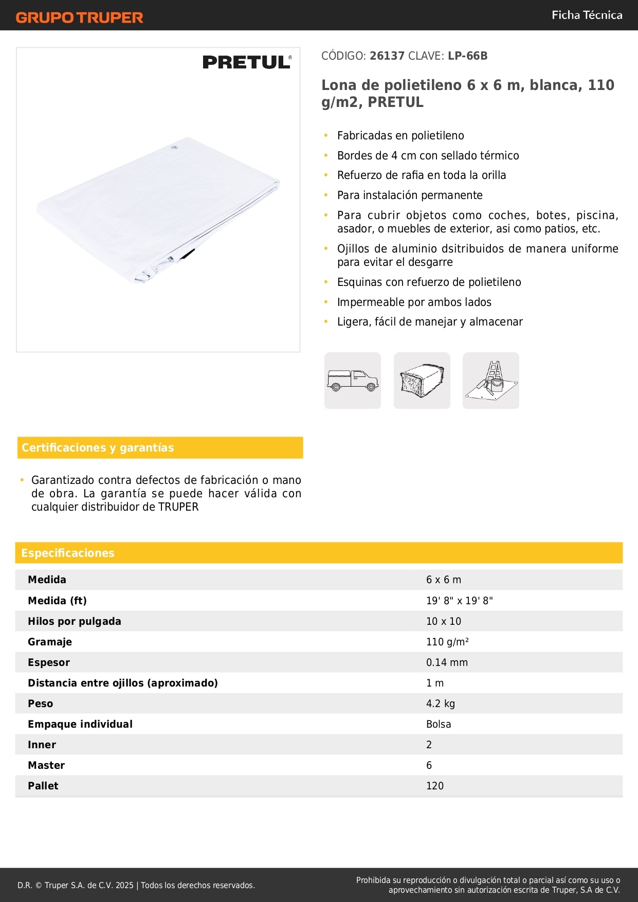 Lona Impermeable PRETUL 6x6m Blanca - Protección Total para Autos, Piscinas y Muebles Exterior - Polietileno Reforzado 110g/m² con Ojillos