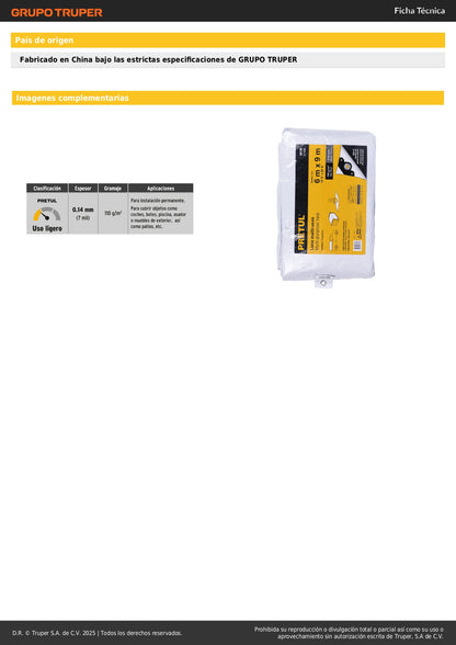 Lona Impermeable PRETUL 6x9m Blanca 110g/m² - Protección Total para Autos, Piscinas, Muebles Exterior - Polietileno Reforzado con Ojillos Aluminio LP-69B