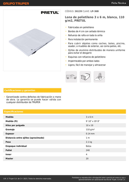 Lona Impermeable Polietileno 3x6m Blanca 110g/m² PRETUL - Protección Exterior Reforzada con Ojillos