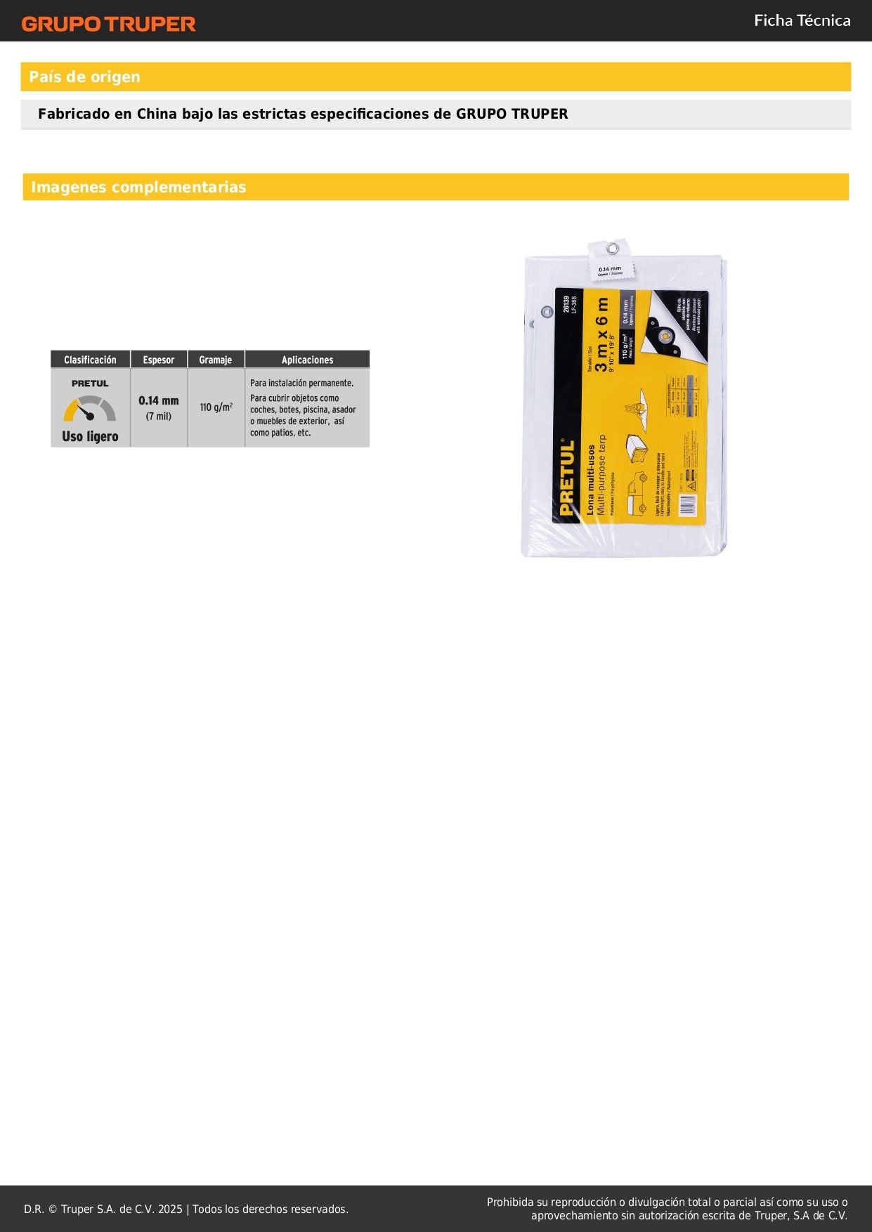 Lona Impermeable Polietileno 3x6m Blanca 110g/m² PRETUL - Protección Exterior Reforzada con Ojillos