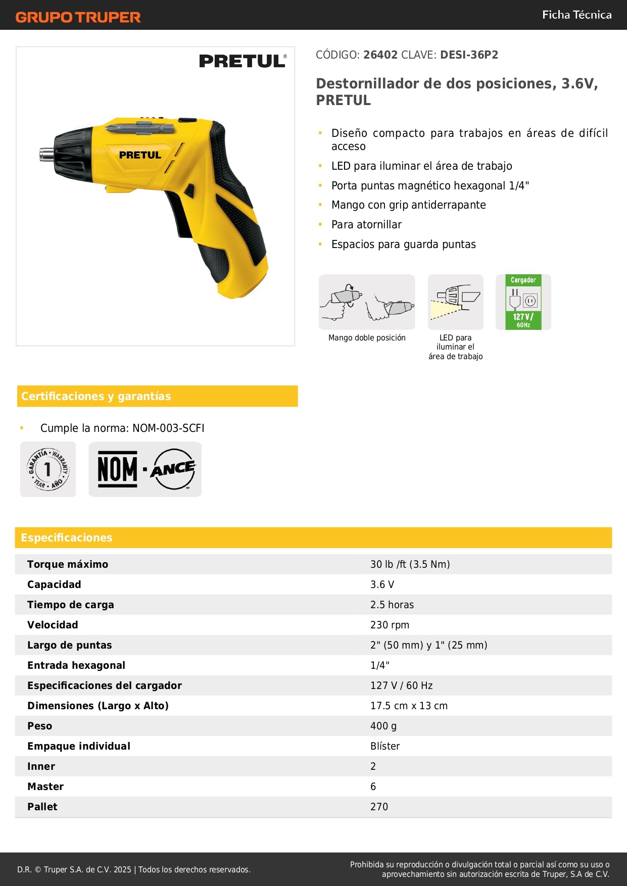 Destornillador Eléctrico PRETUL 3.6V Compacto con LED - Modelo DESI-36P2 - Herramienta Profesional