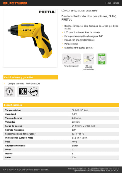 Destornillador Eléctrico PRETUL 3.6V Compacto con LED - Modelo DESI-36P2 - Herramienta Profesional