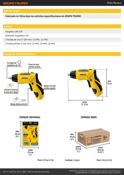 Destornillador Eléctrico PRETUL 3.6V Compacto con LED - Modelo DESI-36P2 - Herramienta Profesional