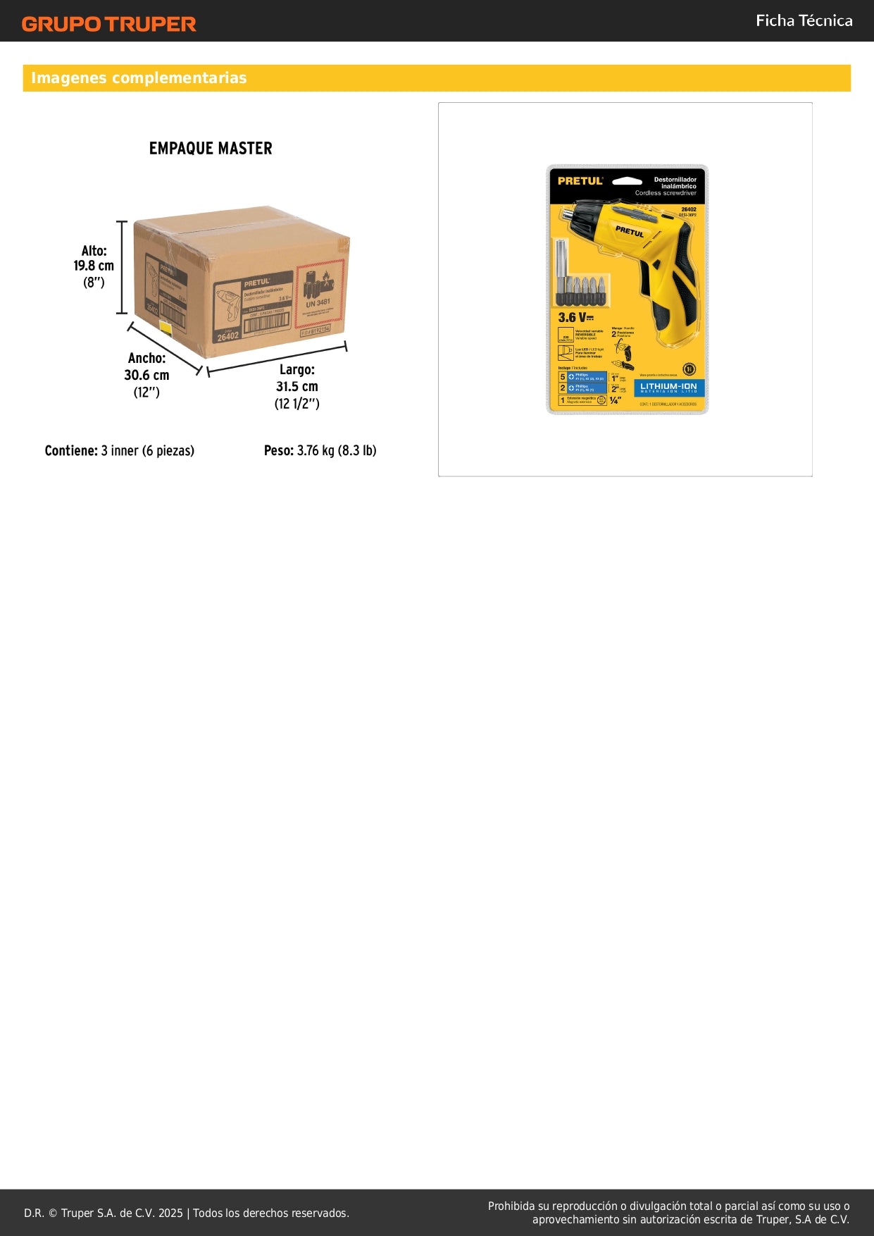 Destornillador Eléctrico PRETUL 3.6V Compacto con LED - Modelo DESI-36P2 - Herramienta Profesional