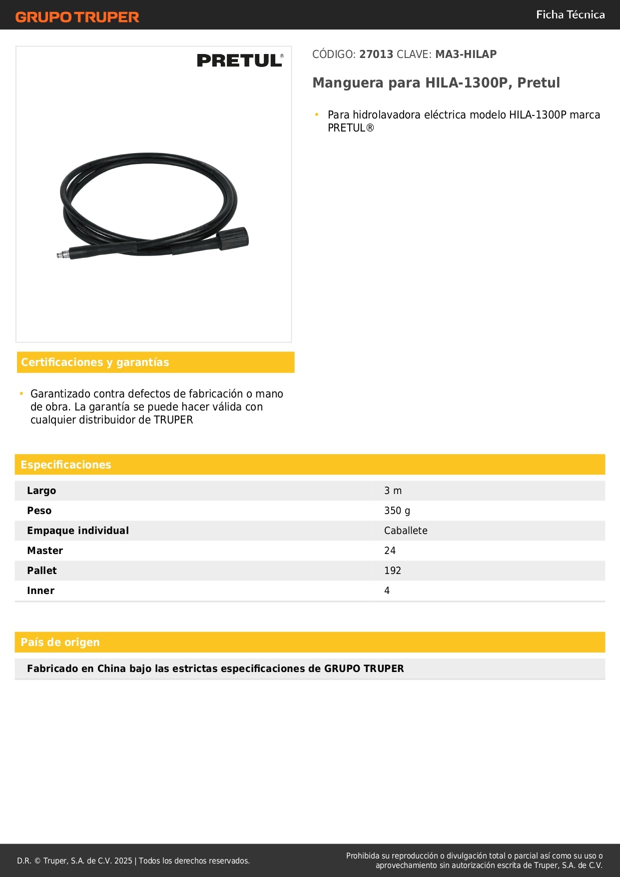 Manguera para HILA-1300P, Pretul