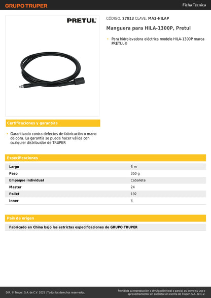 Manguera para HILA-1300P, Pretul