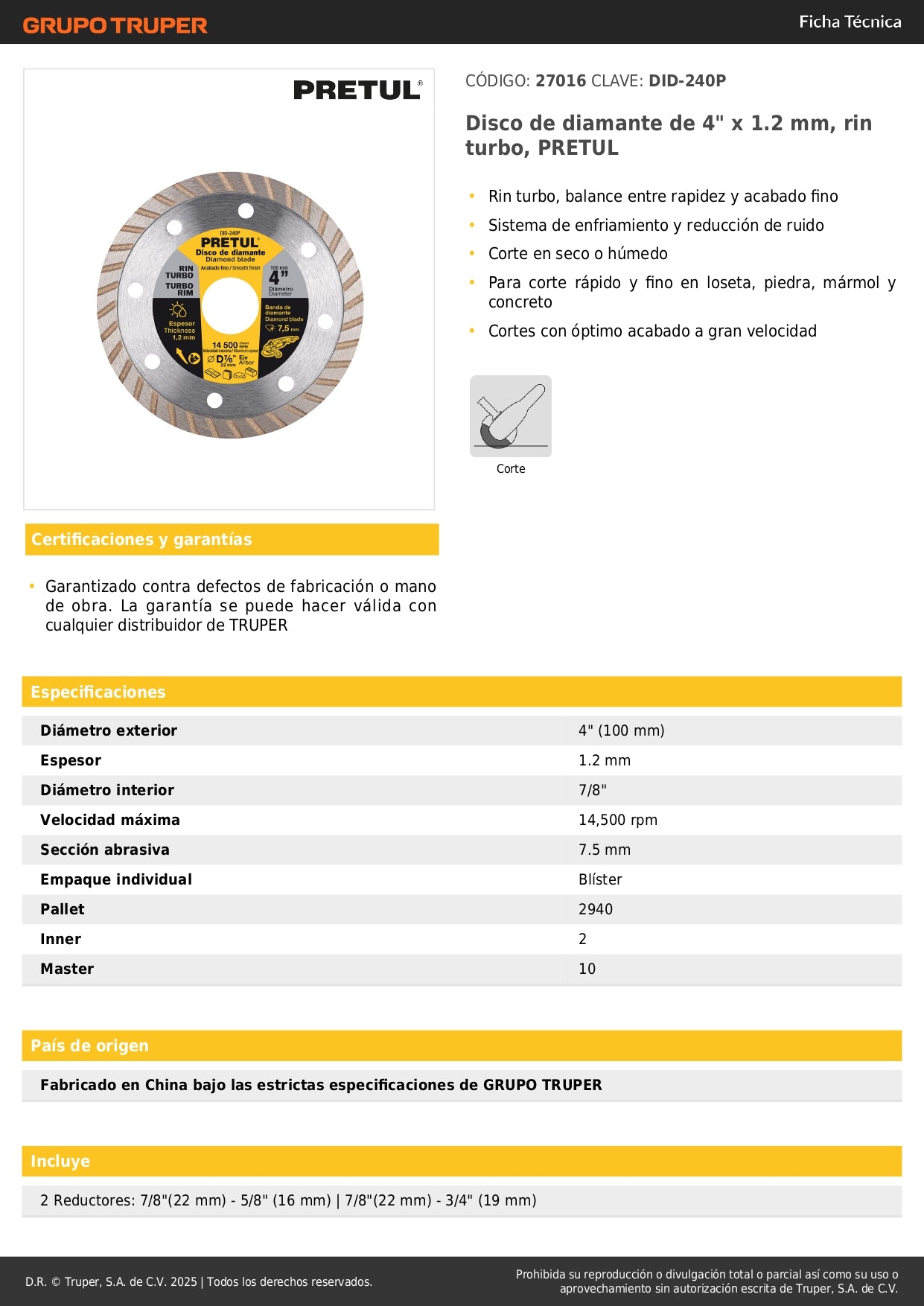 Disco de diamante de 4" x 1.2 mm, rin turbo, PRETUL
