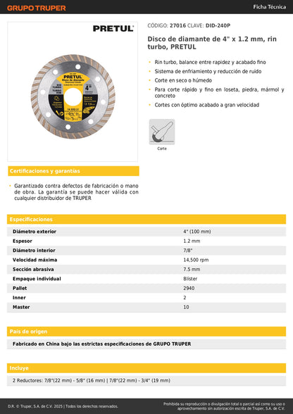 Disco de diamante de 4" x 1.2 mm, rin turbo, PRETUL