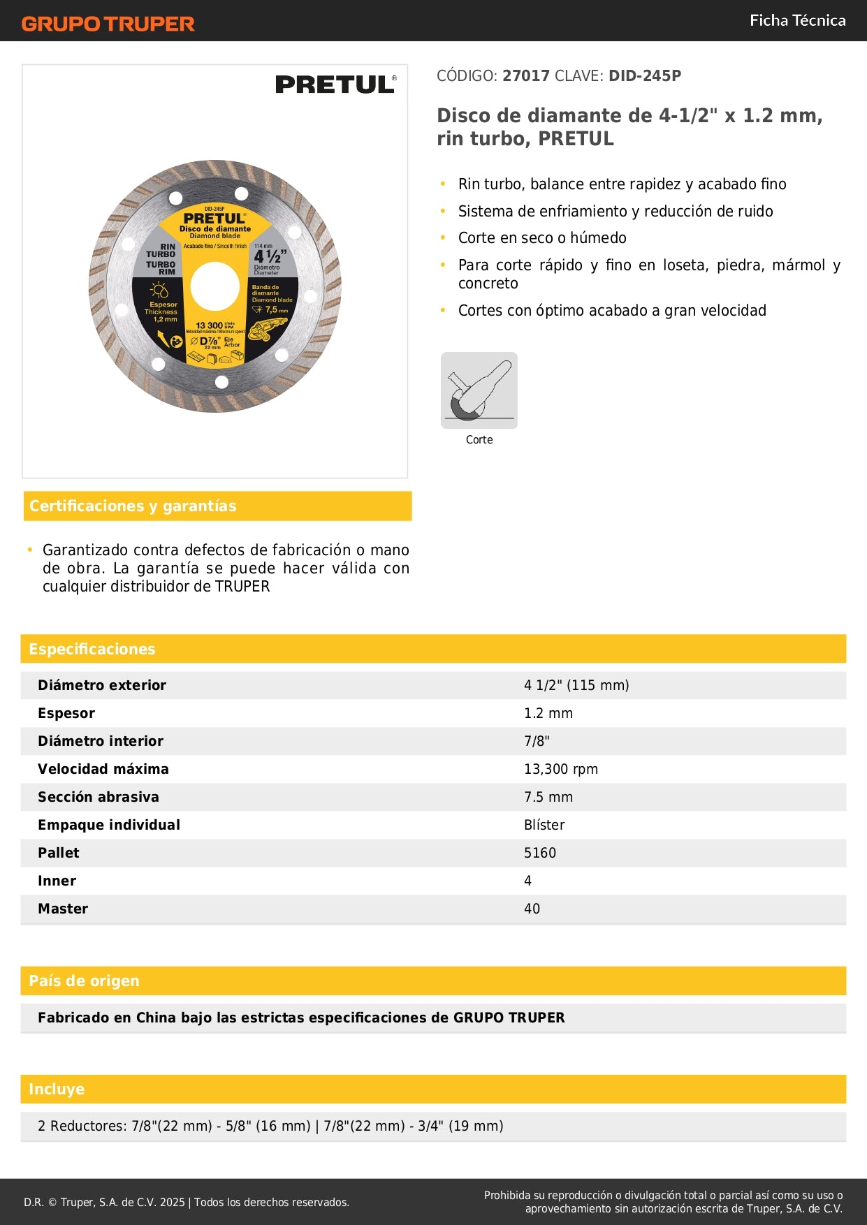 Disco de diamante de 4-1/2" x 1.2 mm, rin turbo, PRETUL