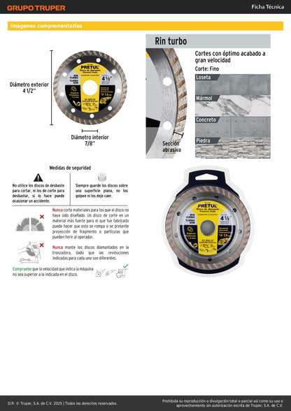 Disco de diamante de 4-1/2" x 1.2 mm, rin turbo, PRETUL