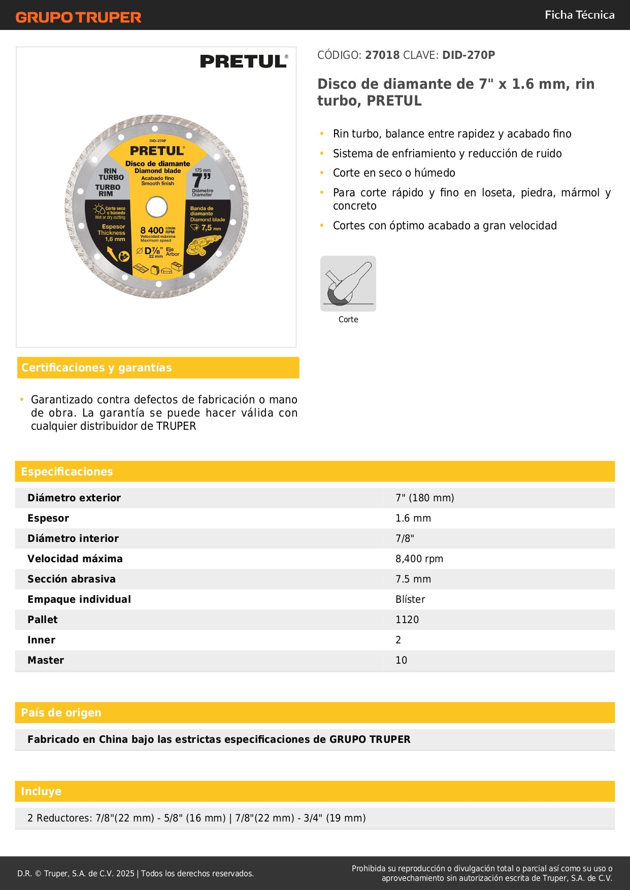 Disco de diamante de 7" x 1.6 mm, rin turbo, PRETUL