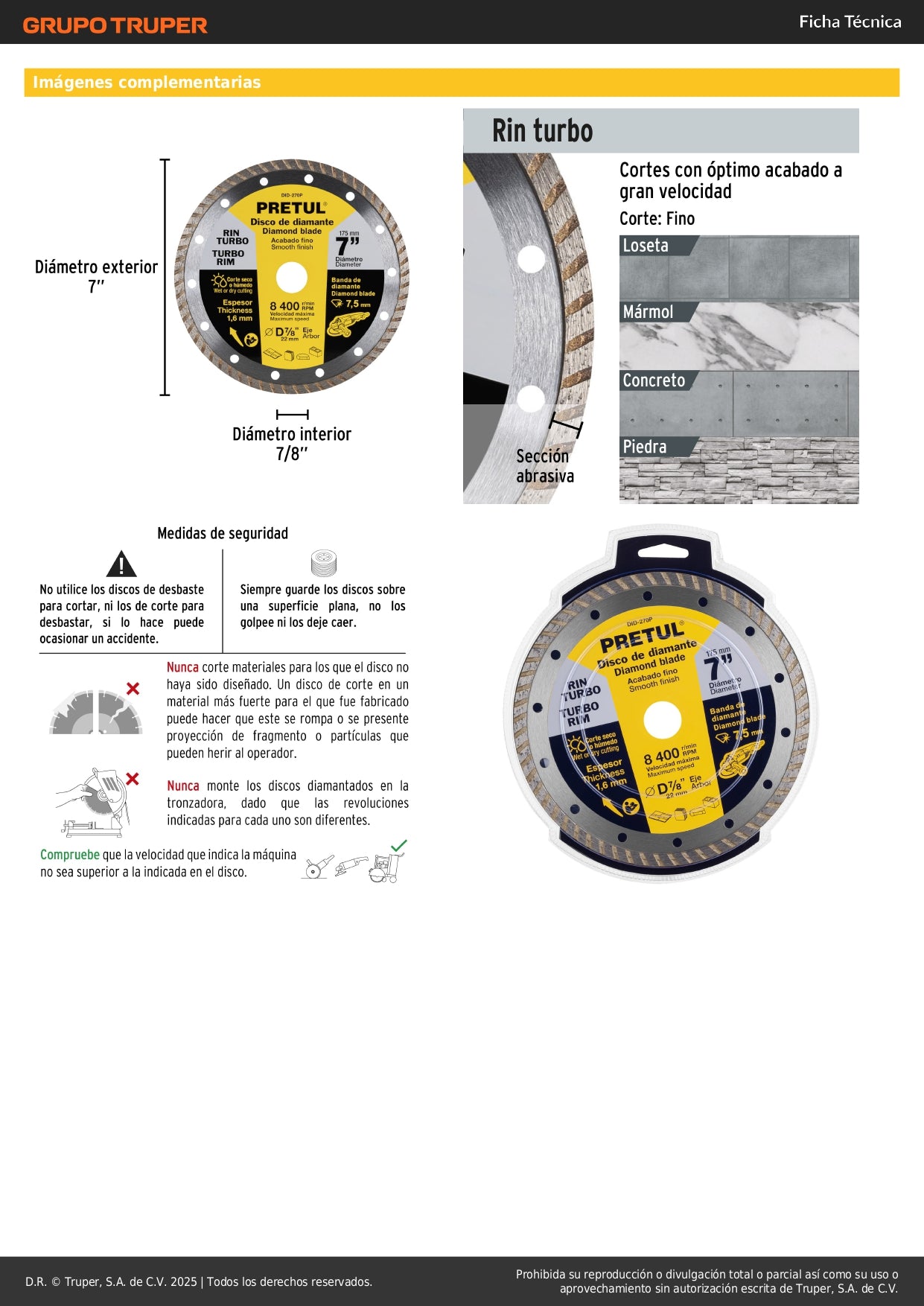 Disco de diamante de 7" x 1.6 mm, rin turbo, PRETUL