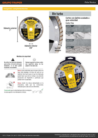 Disco de diamante de 7" x 1.6 mm, rin turbo, PRETUL