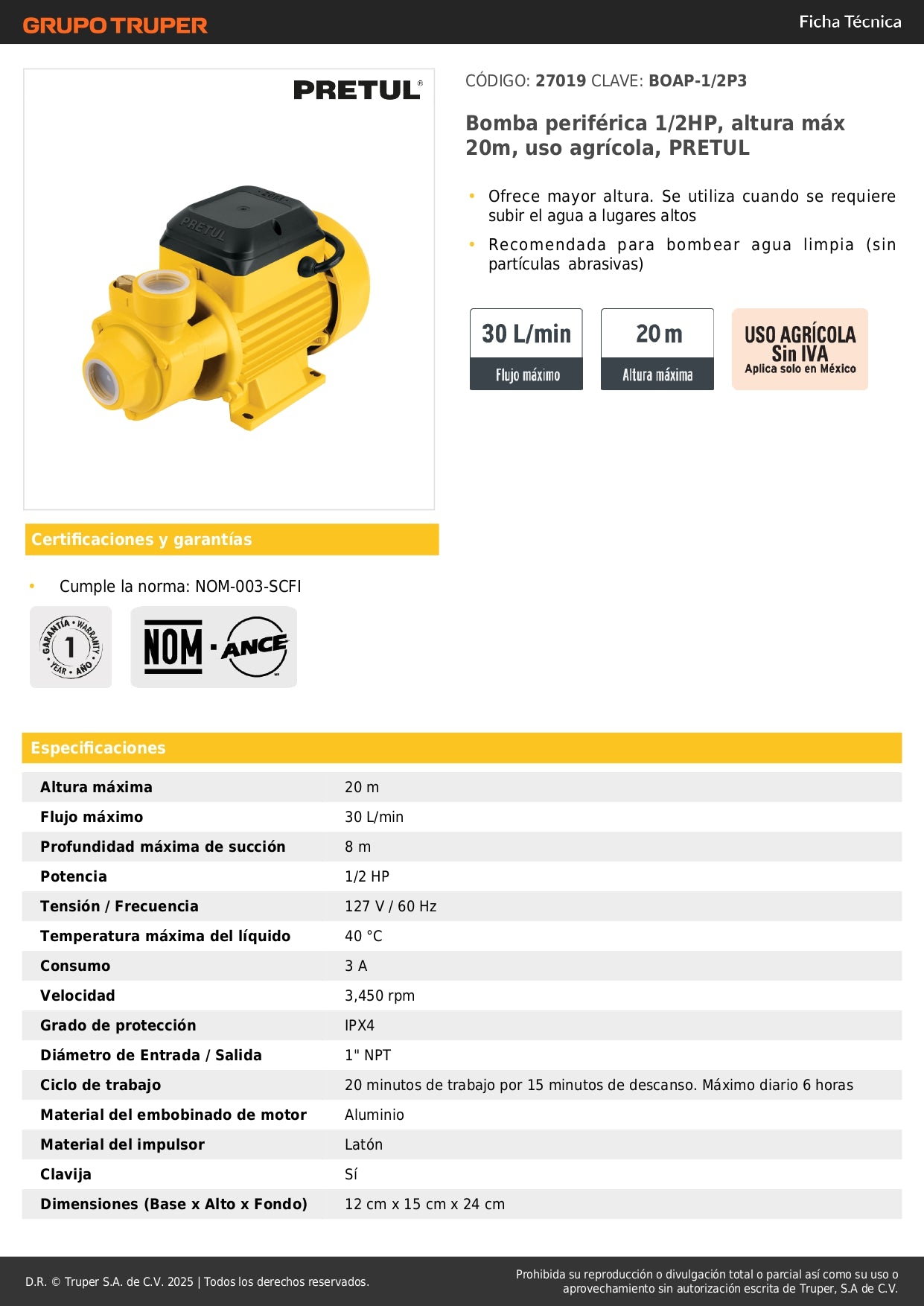 Bomba Periférica PRETUL 1/2HP 20m Altura Máxima - Bombeo Agua Limpia Uso Agrícola BOAP-1/2P3