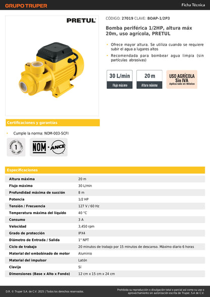 Bomba Periférica PRETUL 1/2HP 20m Altura Máxima - Bombeo Agua Limpia Uso Agrícola BOAP-1/2P3