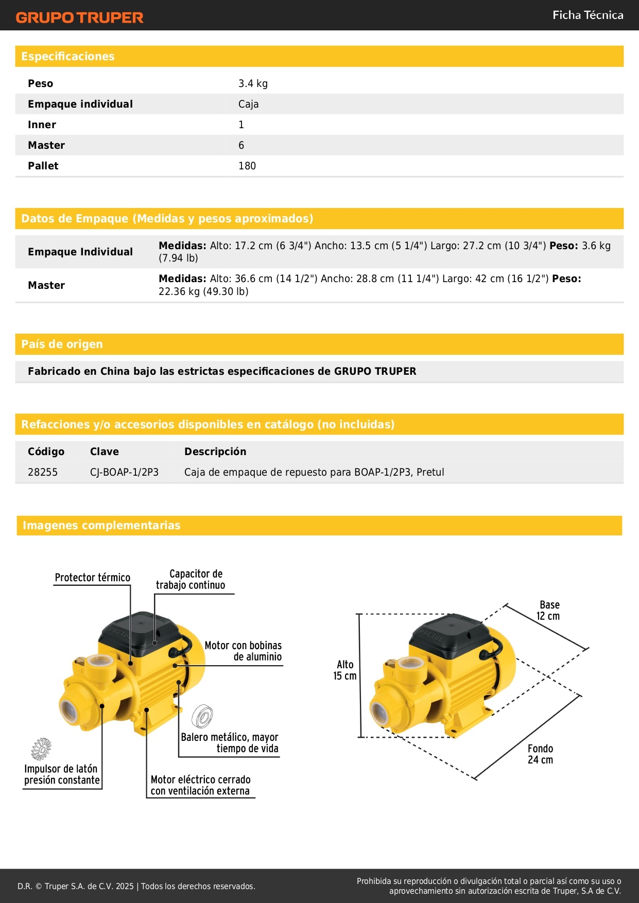 Bomba Periférica PRETUL 1/2HP 20m Altura Máxima - Bombeo Agua Limpia Uso Agrícola BOAP-1/2P3