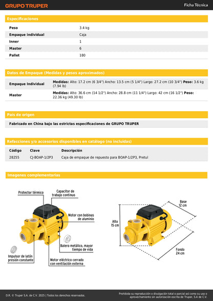 Bomba Periférica PRETUL 1/2HP 20m Altura Máxima - Bombeo Agua Limpia Uso Agrícola BOAP-1/2P3