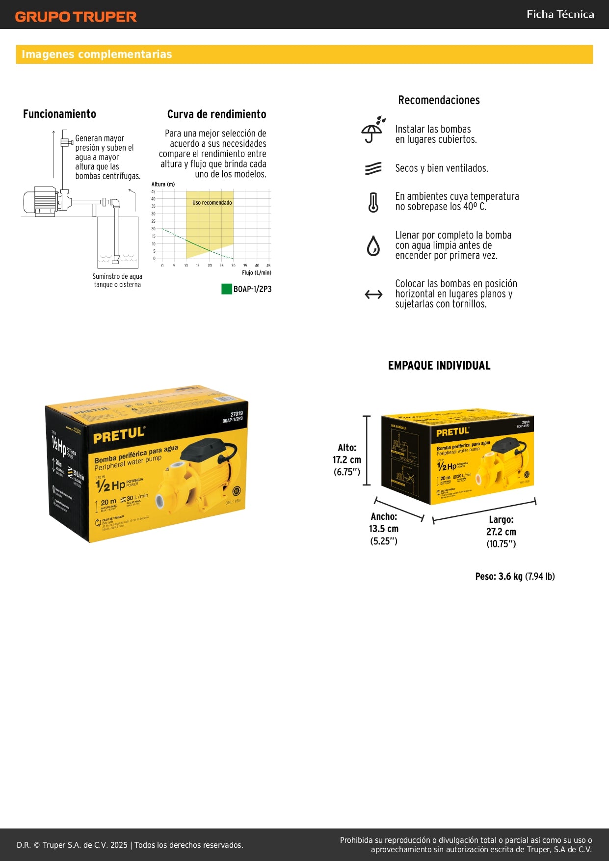 Bomba Periférica PRETUL 1/2HP 20m Altura Máxima - Bombeo Agua Limpia Uso Agrícola BOAP-1/2P3