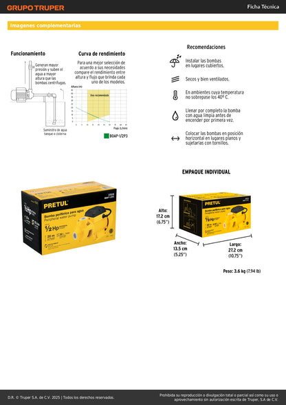 Bomba Periférica PRETUL 1/2HP 20m Altura Máxima - Bombeo Agua Limpia Uso Agrícola BOAP-1/2P3