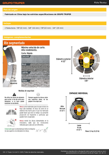 Disco de diamante de 4" x 1.2 mm rin segmentado, PRETUL