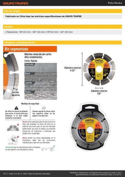 Disco de diamante de 4-1/2" x 1.2 mm rin segmentado, PRETUL