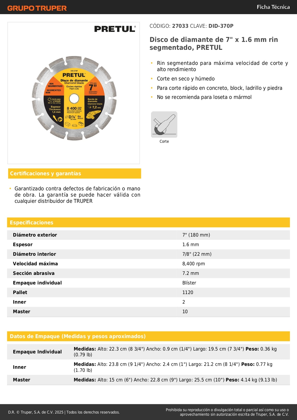 Disco de diamante de 7" x 1.6 mm rin segmentado, PRETUL