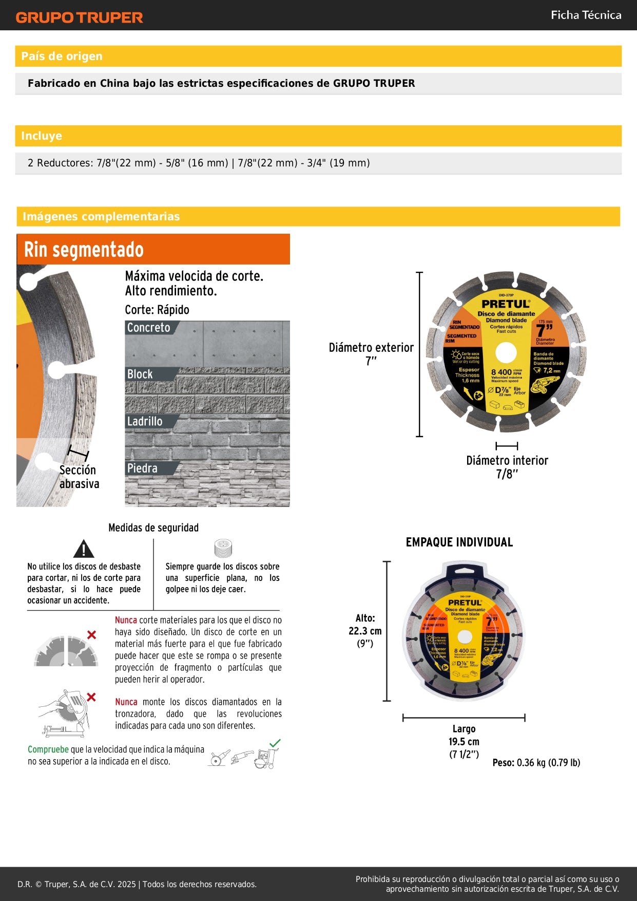 Disco de diamante de 7" x 1.6 mm rin segmentado, PRETUL