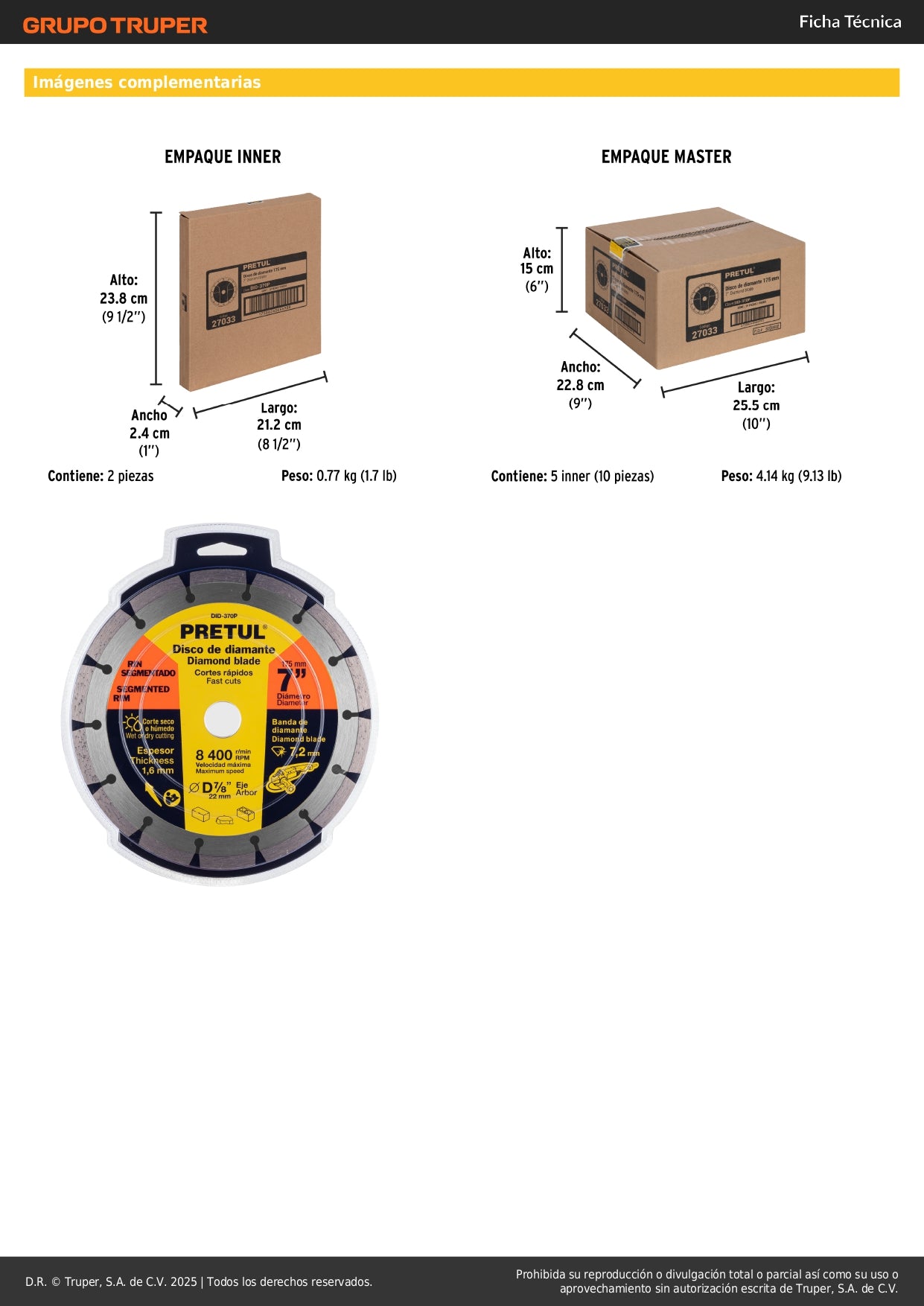 Disco de diamante de 7" x 1.6 mm rin segmentado, PRETUL
